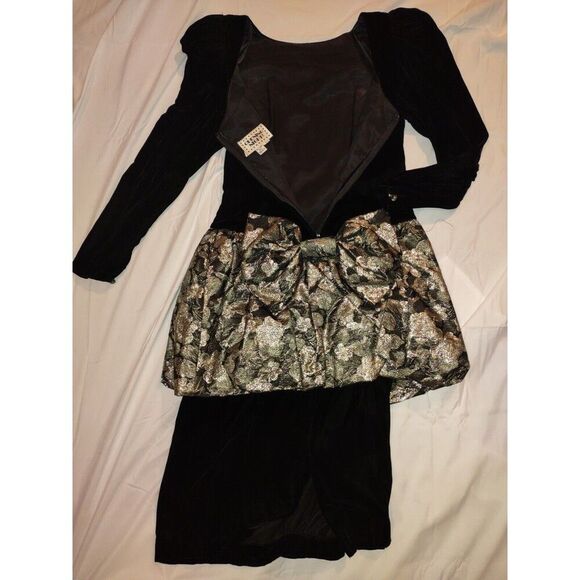 Sz 9/10 Vintage Black Velvet Bodycon Metallic Gold Big Bow Dress Cupcake - Picture 10 of 13